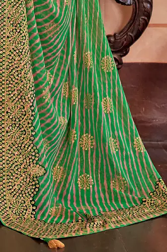 Green green & mustard leheriya sequinned  georgette leheriya saree