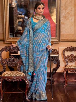 Blue blue & pink leheriya embroidered  georgette leheriya saree 1