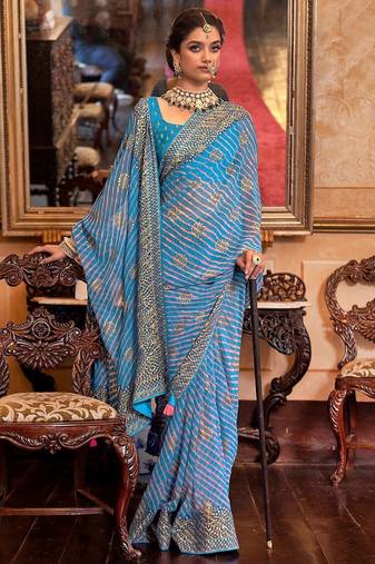 Blue blue & pink leheriya embroidered  georgette leheriya saree
