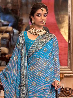 Blue blue & pink leheriya embroidered  georgette leheriya saree 2
