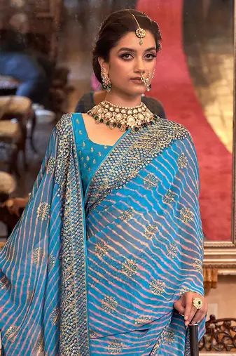 Blue blue & pink leheriya embroidered  georgette leheriya saree