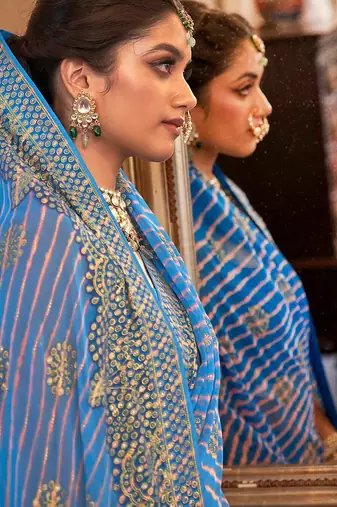 Blue blue & pink leheriya embroidered  georgette leheriya saree