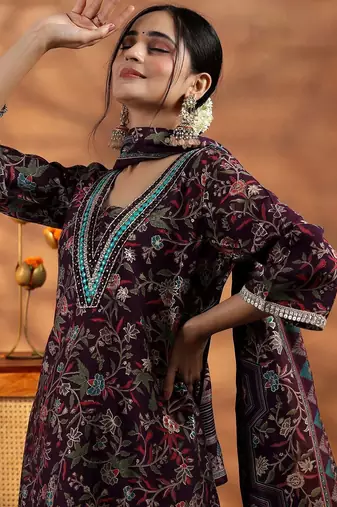 women floral printed regular thread work kurta with harem pants & with dupatta