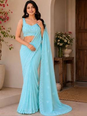 Turquoise embellished embroidered poly georgette designer saree 1
