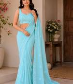 Turquoise embellished embroidered poly georgette designer saree