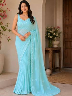 Turquoise embellished embroidered poly georgette designer saree 2