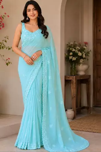 Turquoise embellished embroidered poly georgette designer saree