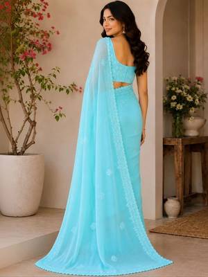 Turquoise embellished embroidered poly georgette designer saree 3