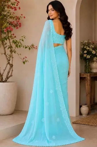 Turquoise embellished embroidered poly georgette designer saree