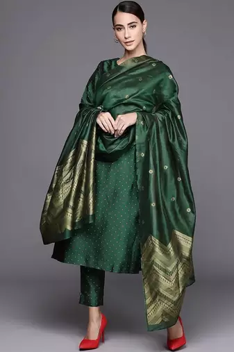 women ethnic motifs printed regular kurta with trousers & with dupatta