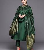 women ethnic motifs printed regular kurta with trousers & with dupatta