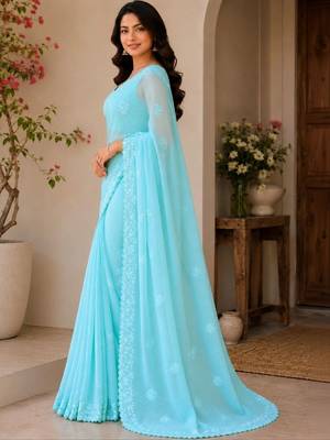 Turquoise embellished embroidered poly georgette designer saree 5