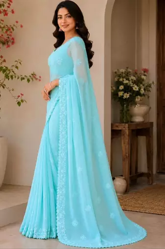 Turquoise embellished embroidered poly georgette designer saree
