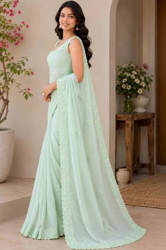 Silver embellished sequinned poly georgette designer saree