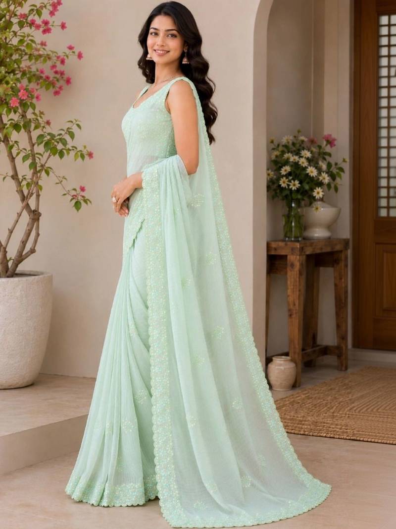 Silver embellished sequinned poly georgette designer saree