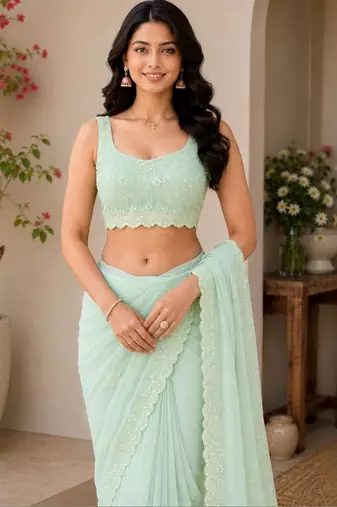 Silver embellished sequinned poly georgette designer saree