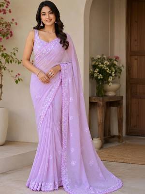 Lavender embellished sequinned poly georgette designer saree 1