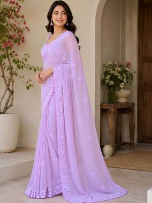 Lavender embellished sequinned poly georgette designer saree 3