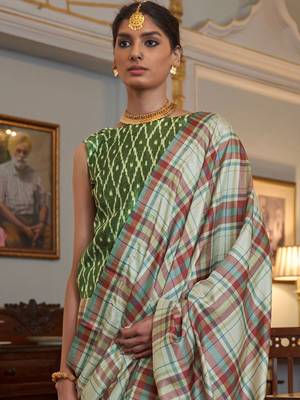 Green checked block print saree 1