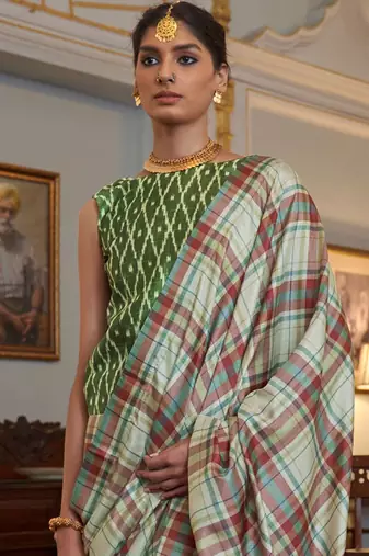 Green checked block print saree