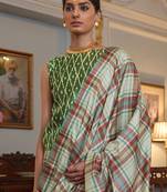 Green checked block print saree
