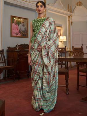 Green checked block print saree 2