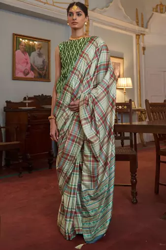 Green checked block print saree
