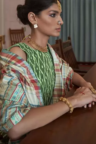 Green checked block print saree