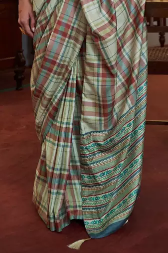 Green checked block print saree