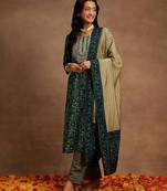 women ethnic motifs printed regular thread work kurta with trousers & with dupatta