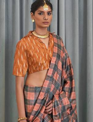 Peach checked block print saree 1