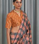 Peach checked block print saree