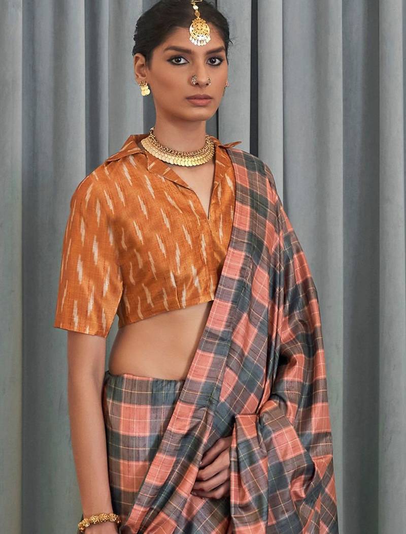 Peach checked block print saree