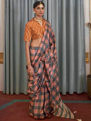 Peach checked block print saree 2