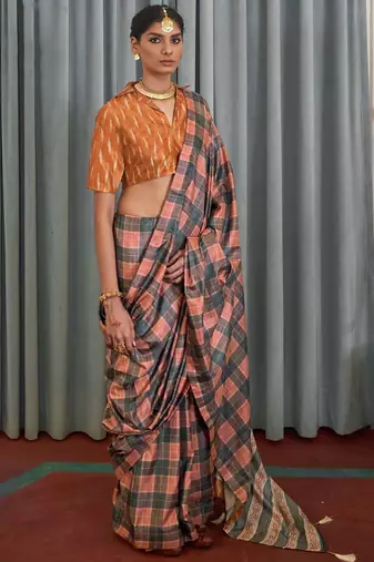 Peach checked block print saree