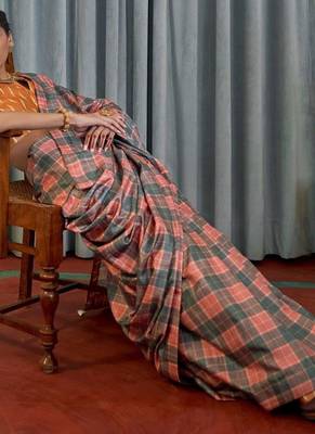 Peach checked block print saree 3