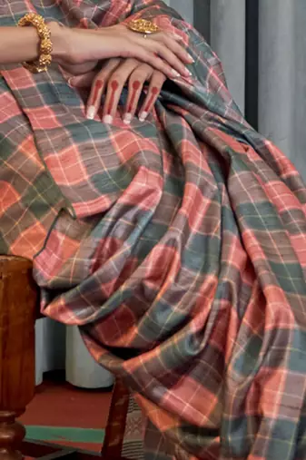 Peach checked block print saree