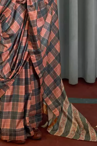 Peach checked block print saree