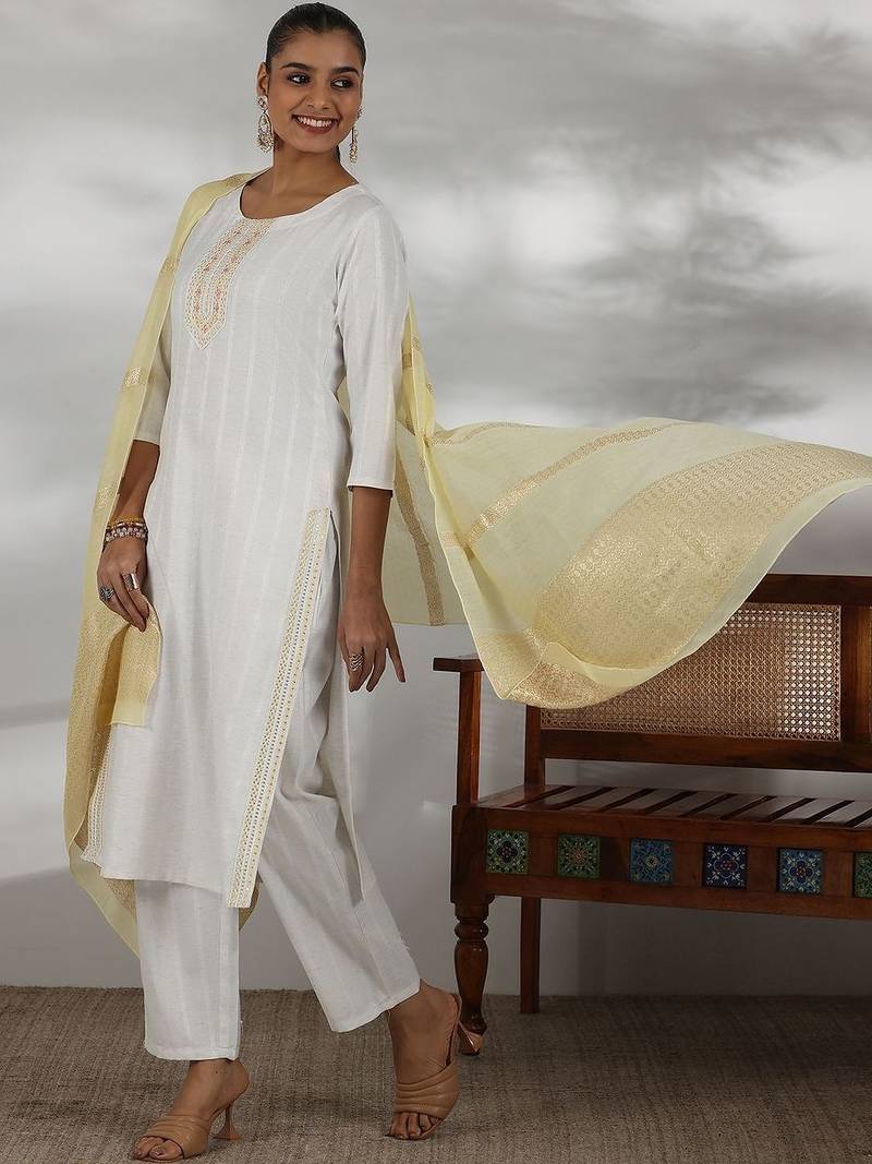 women ethnic motifs regular thread work kurta with trousers & with dupatta