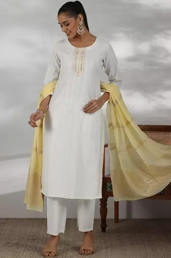 women ethnic motifs regular thread work kurta with trousers & with dupatta