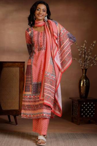 women ethnic motifs printed regular linen kurta with trousers & with dupatta
