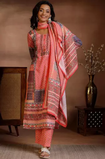 women ethnic motifs printed regular linen kurta with trousers & with dupatta