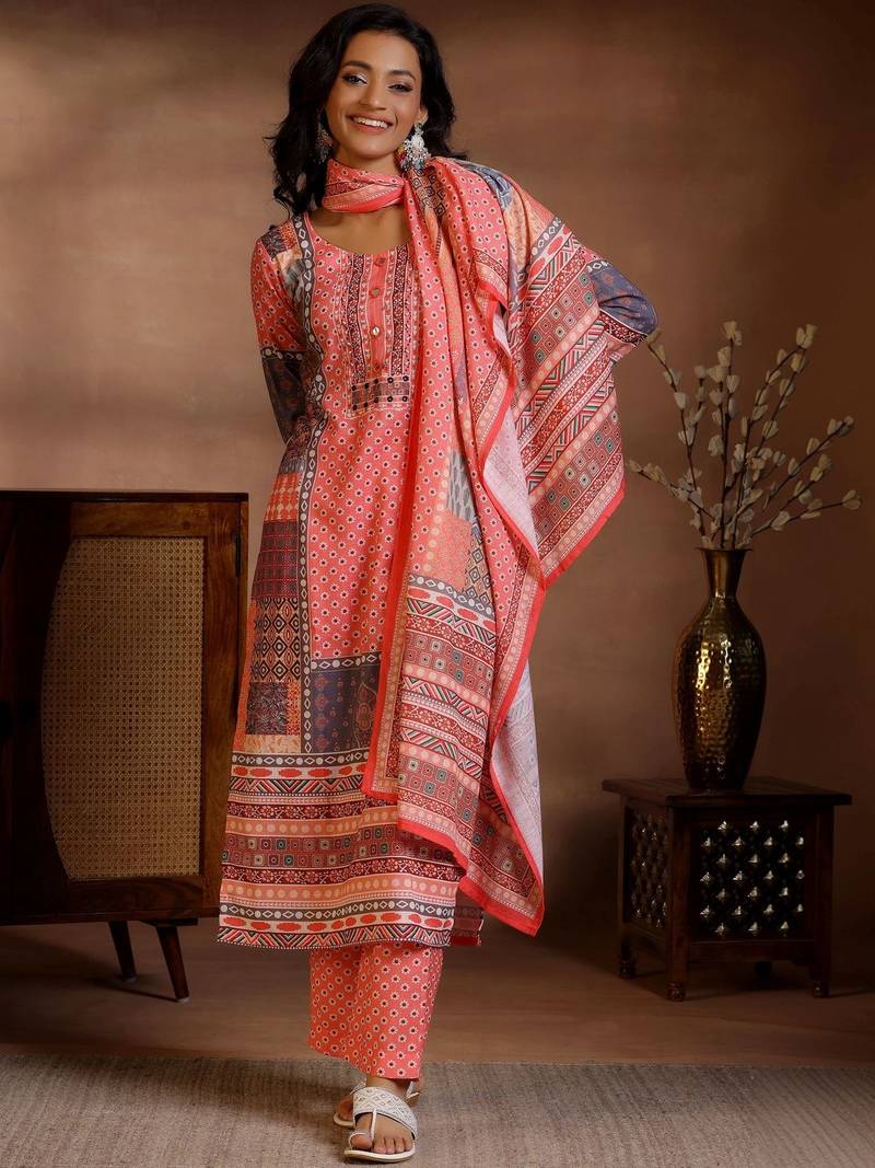 women ethnic motifs printed regular linen kurta with trousers & with dupatta