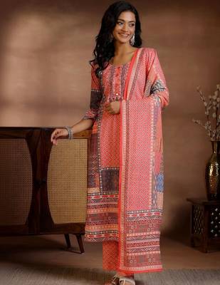 women ethnic motifs printed regular linen kurta with trousers & with dupatta 2
