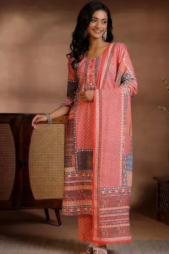 women ethnic motifs printed regular linen kurta with trousers & with dupatta
