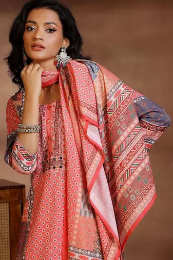 women ethnic motifs printed regular linen kurta with trousers & with dupatta