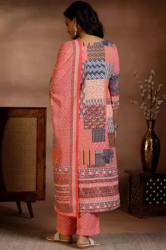women ethnic motifs printed regular linen kurta with trousers & with dupatta