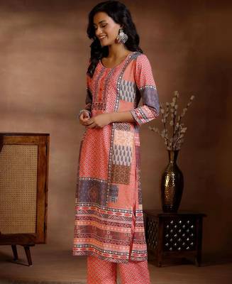 women ethnic motifs printed regular linen kurta with trousers & with dupatta 6