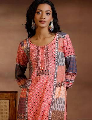 women ethnic motifs printed regular linen kurta with trousers & with dupatta 7