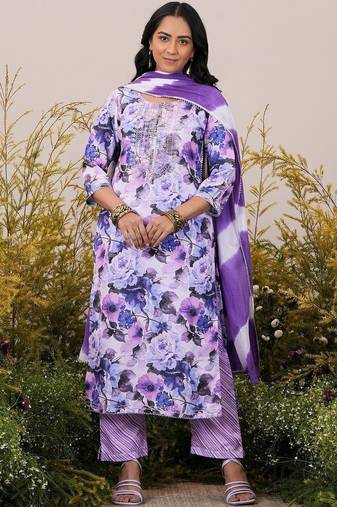 women floral printed regular thread work kurta with trousers & with dupatta